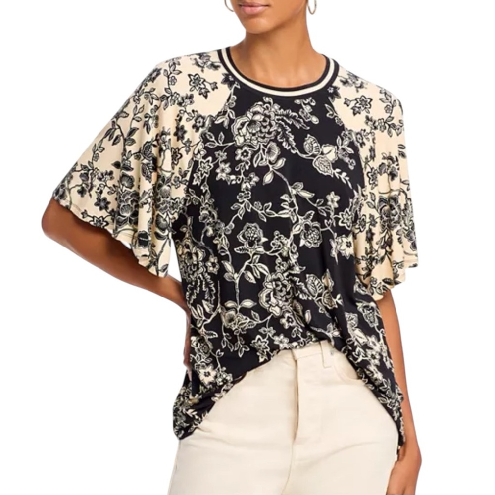 Johnny Was Black and Cream Floral Raglan Short Sleeve Tee with Striped Neck